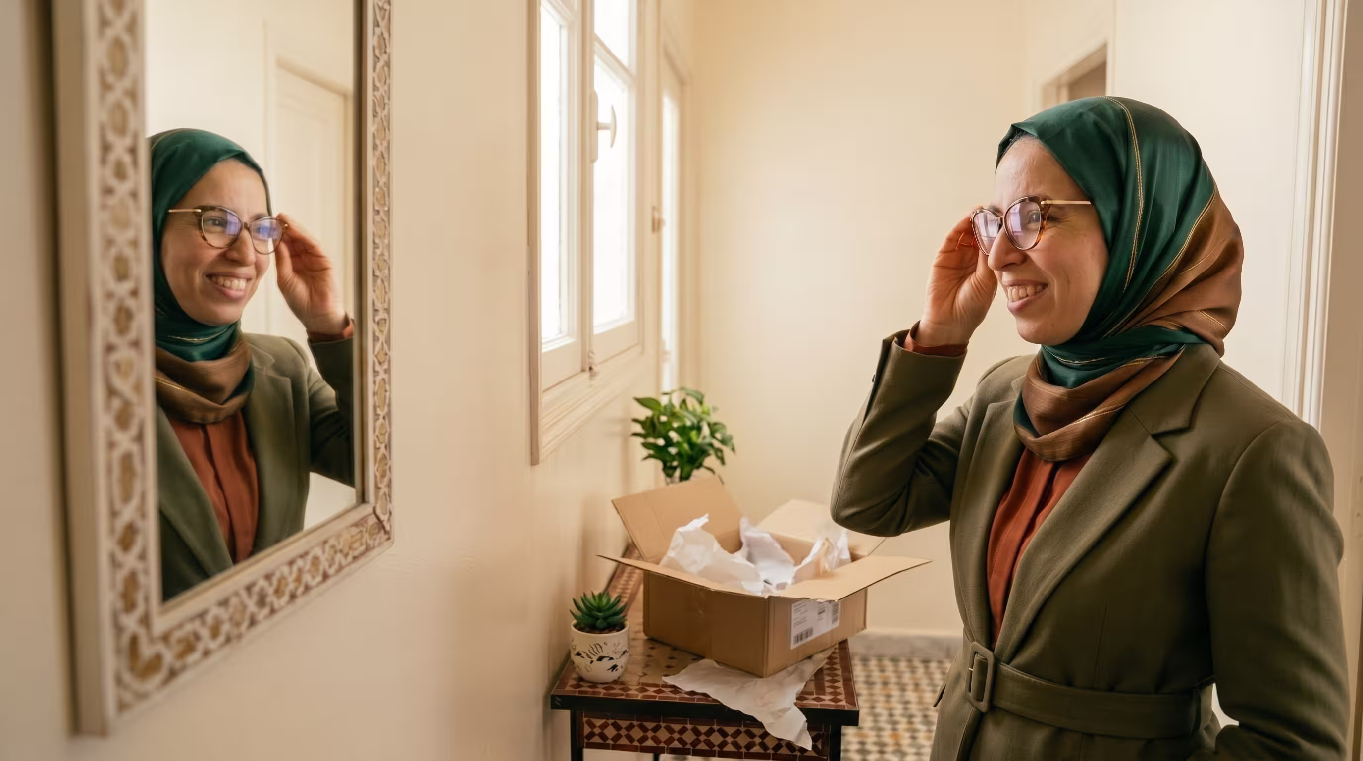 Femme souriante recevant sa commande de lunettes livrée à domicile