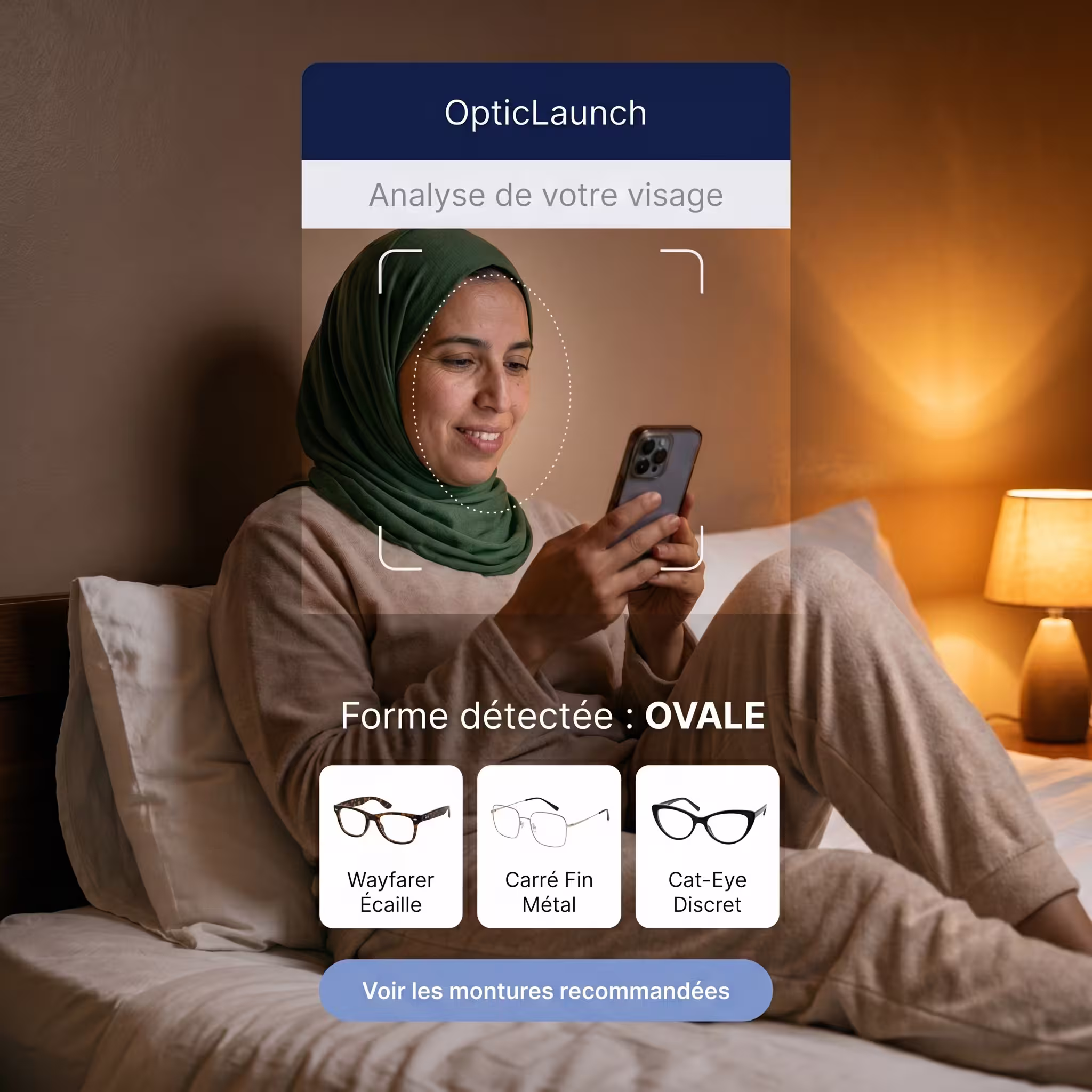 Imane analysant la forme de son visage sur son téléphone