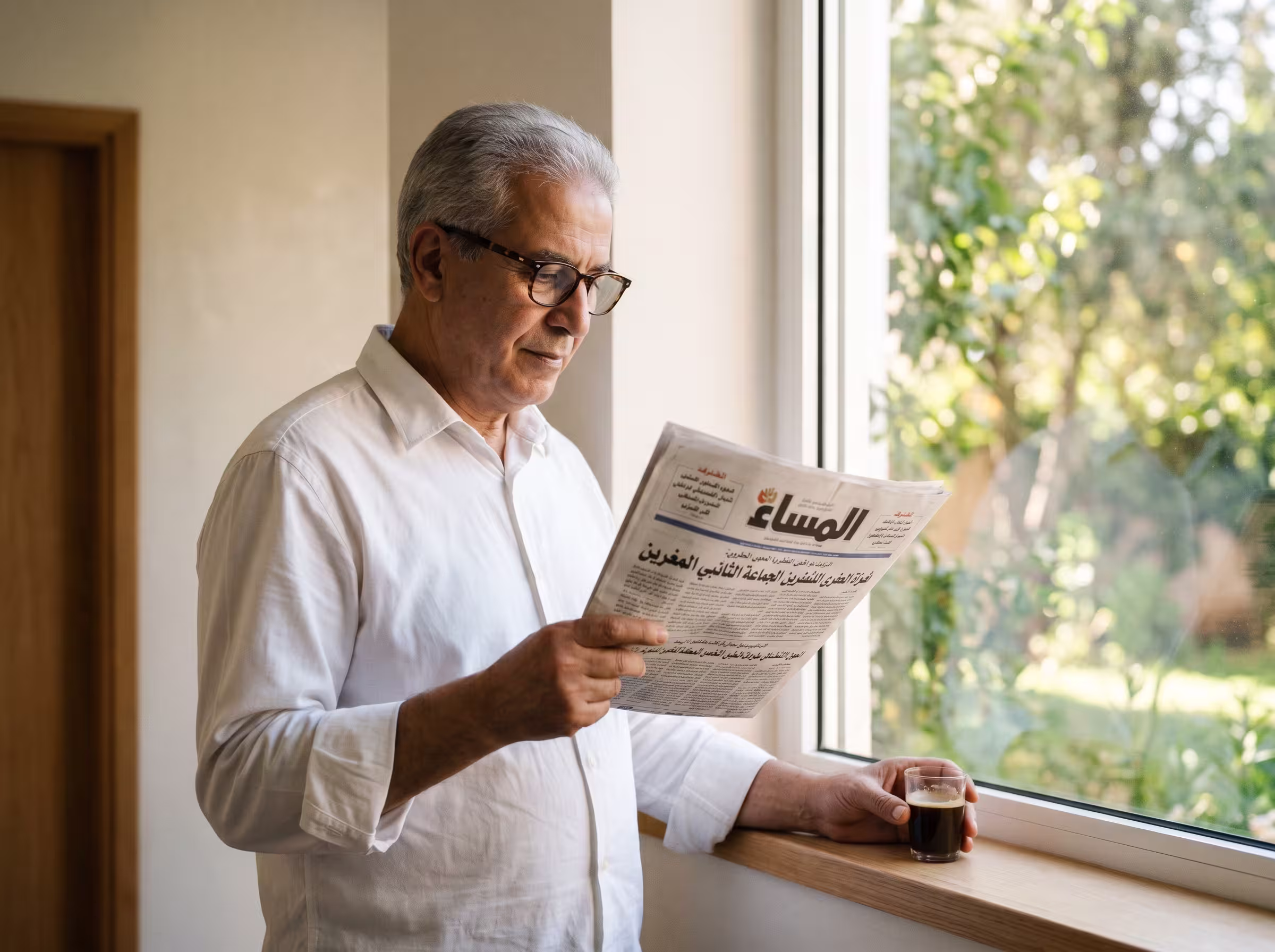 Retraité marocain lisant son journal avec ses lunettes