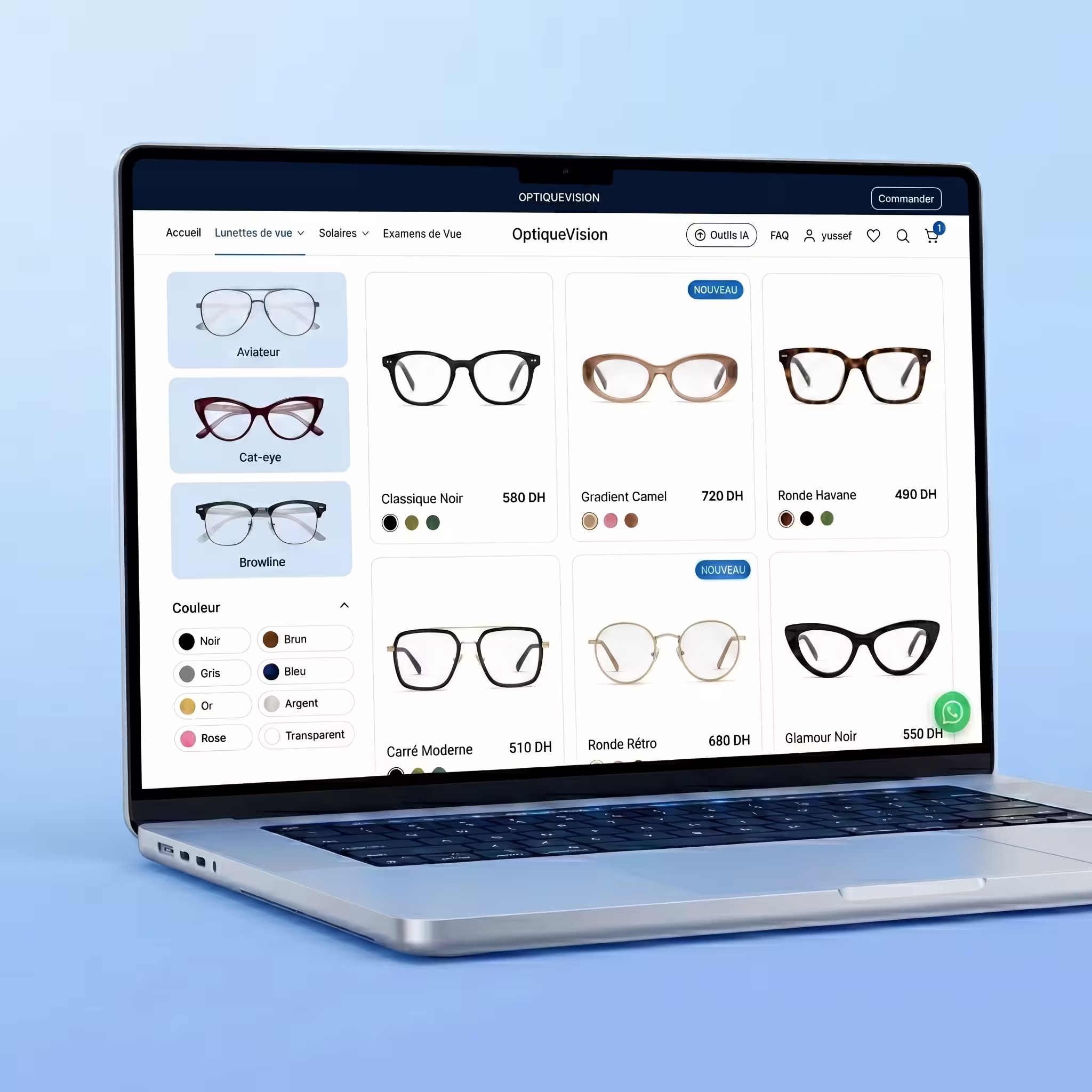 Boutique en ligne opticien — catalogue mobile avec commande en ligne