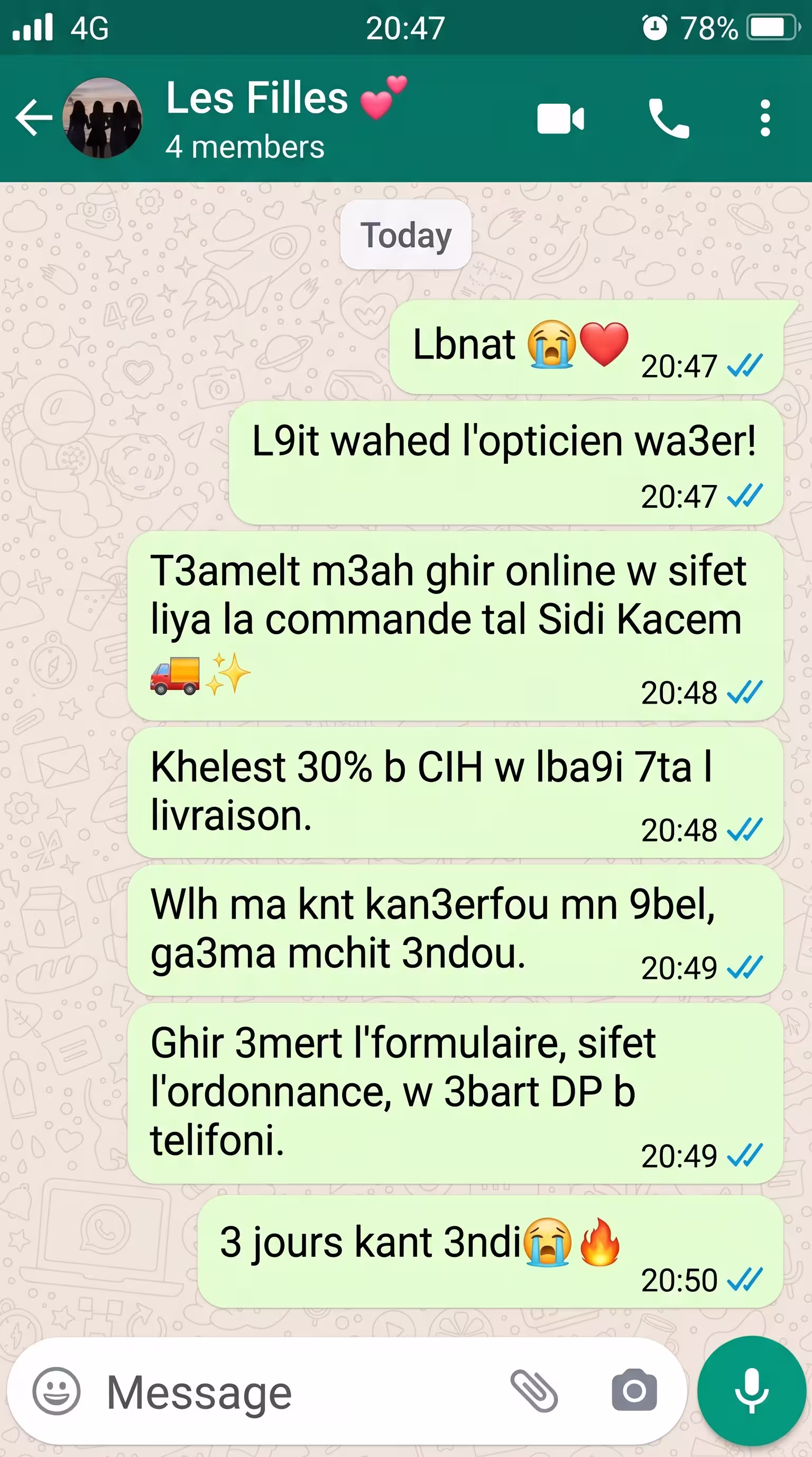 Capture WhatsApp — commande reçue par l'opticien